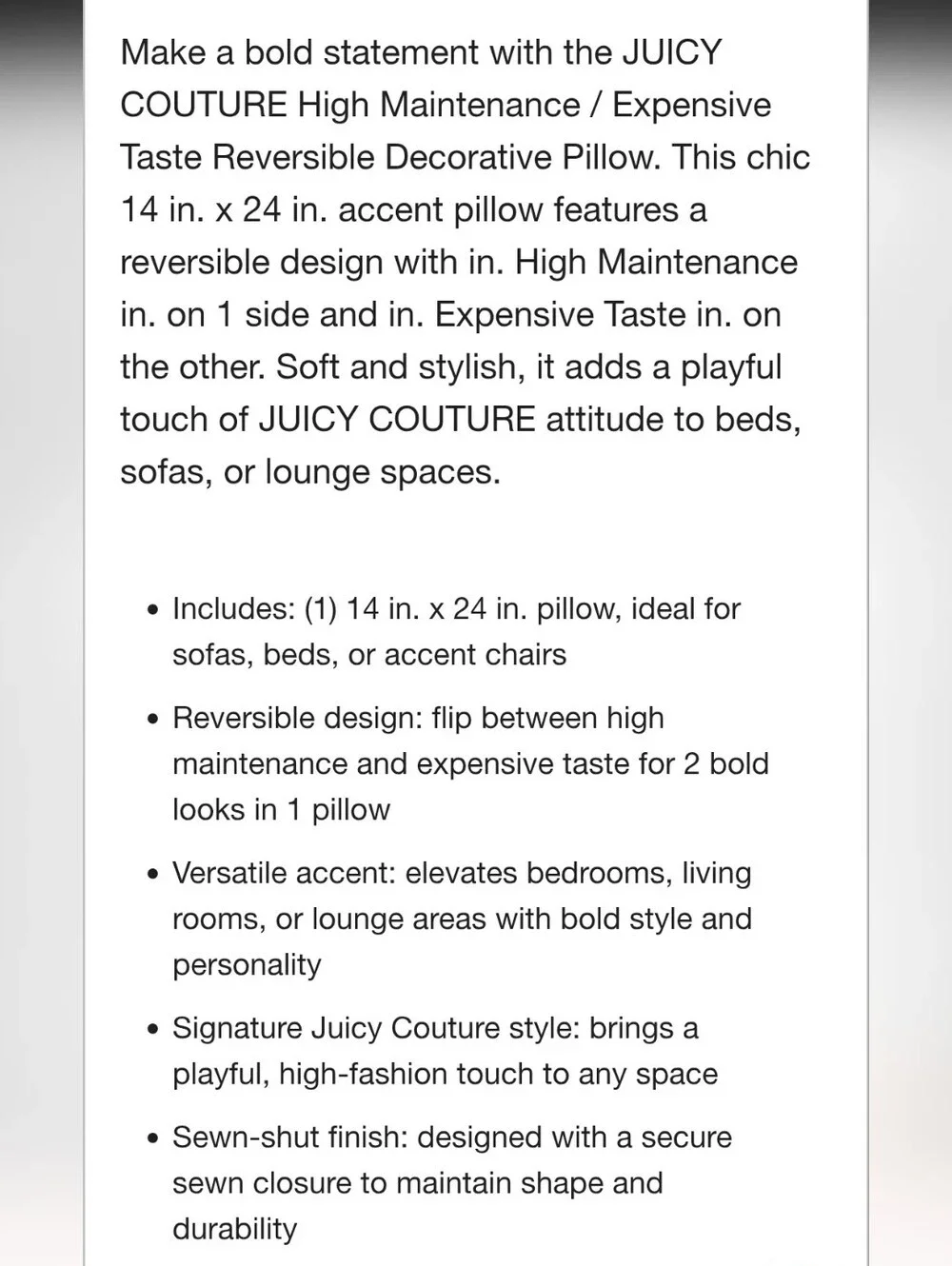 Juicy Couture Home High Maintenance Reversible Decoeative Accent Pillow